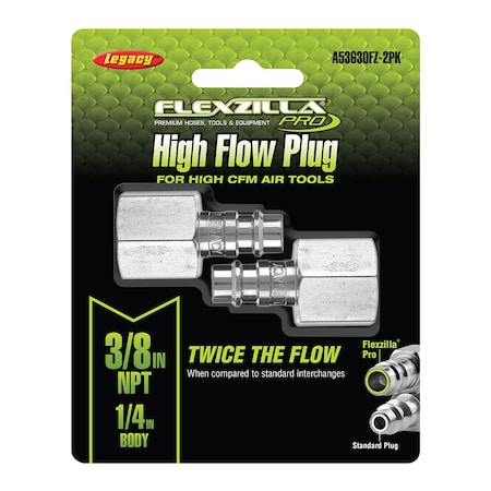 Flexzilla High Flow Plug, 1/4in Body, 3/8in FNPT, 2-Pack A53630FZ-2PK